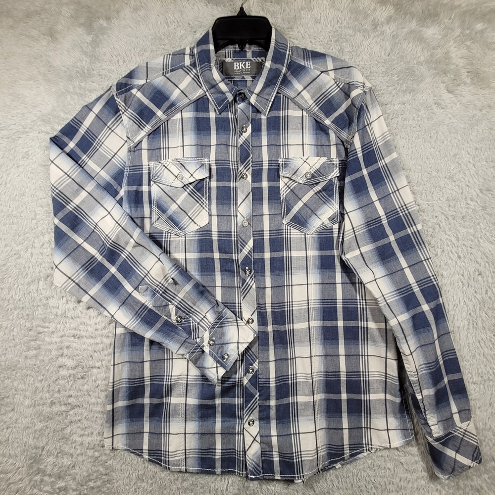 BKE Athletic Fit Mens Blue Plaid Long Sleeve Button Shirt Large Western